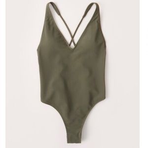 Abercrombie & Fitch Ribbed Deep V Olive Green One Piece Swimsuit Size M